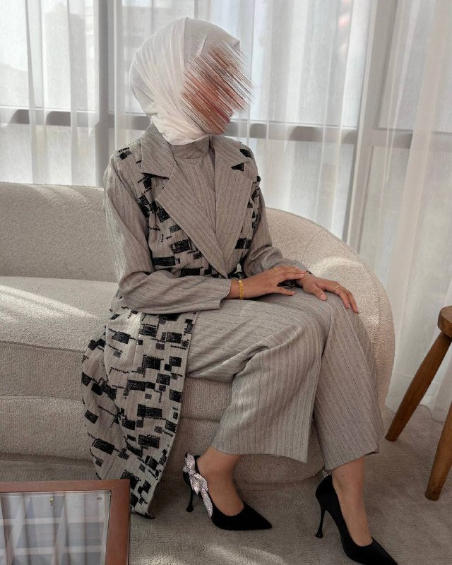 Textured Grey Patterned Long Blazer Set