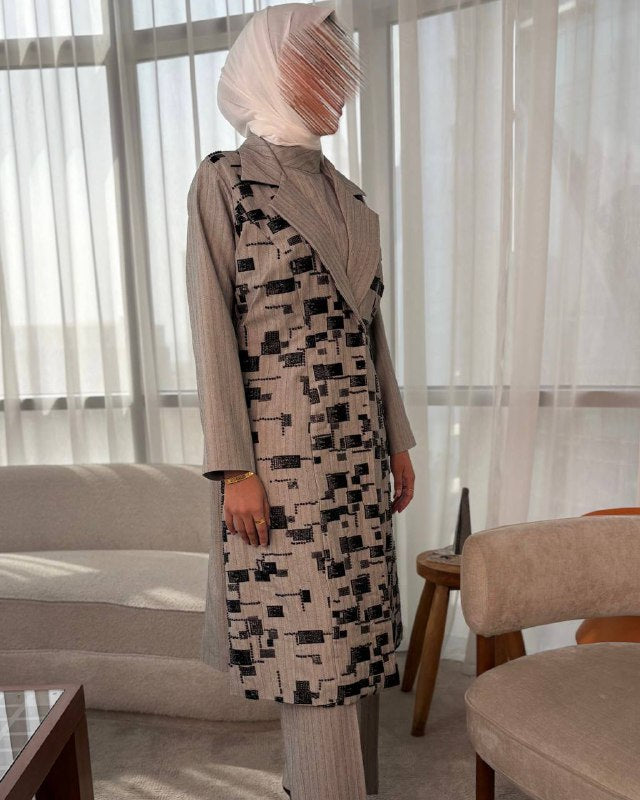 Textured Grey Patterned Long Blazer Set